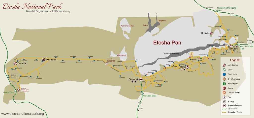 Carte du parc national d'Etosha en Namibie
