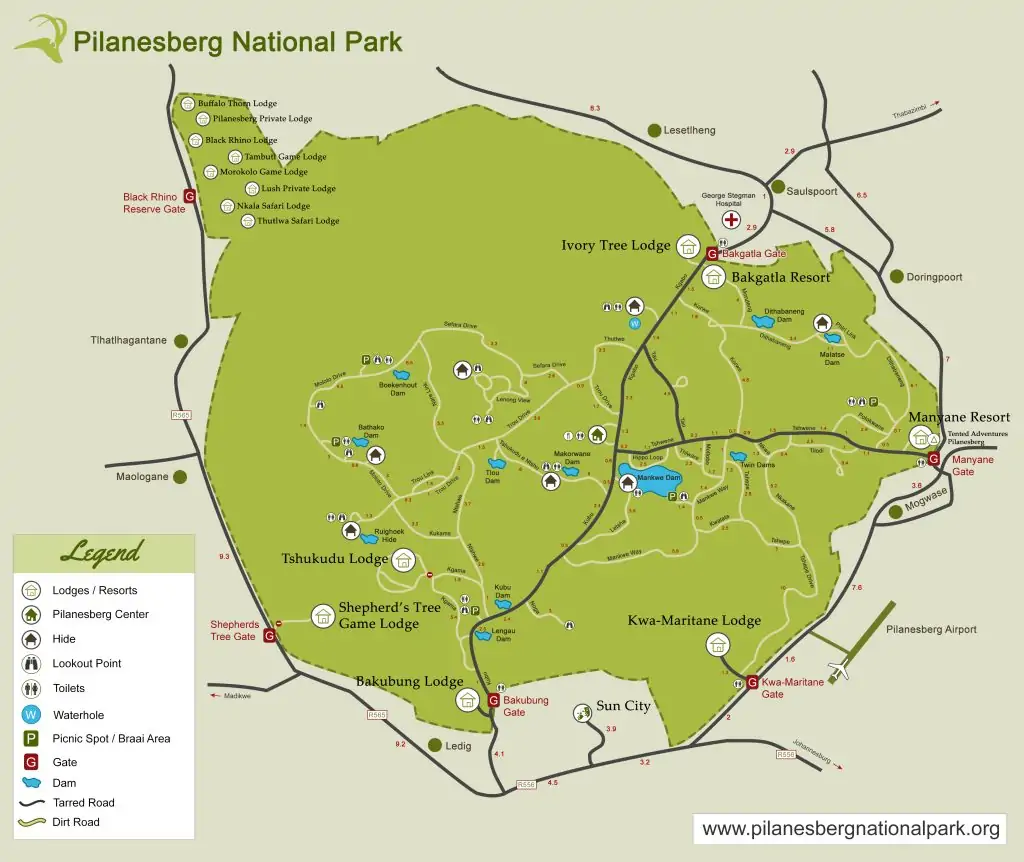 Carte du parc national Pilanesberg en Afrique du Sud