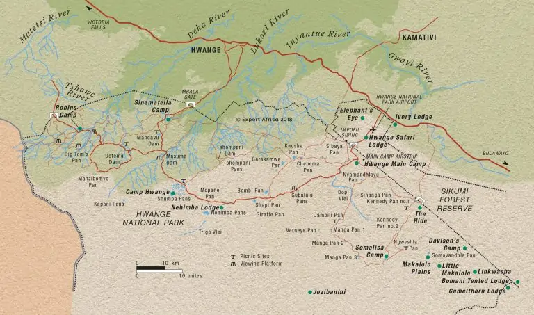 Carte du parc national Hwange au Zimbabwe