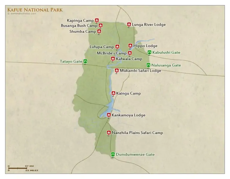 Carte du parc national Kafue en Zambie