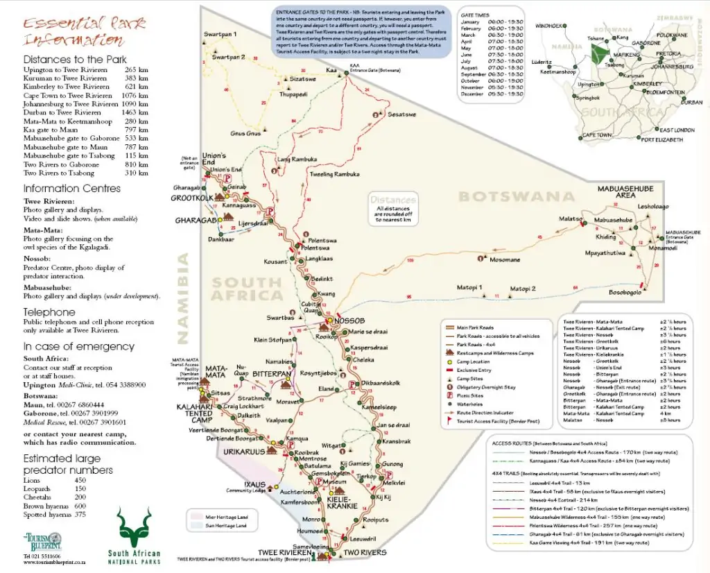 Carte du parc transfrontalier Kgalagadi en Afrique du Sud