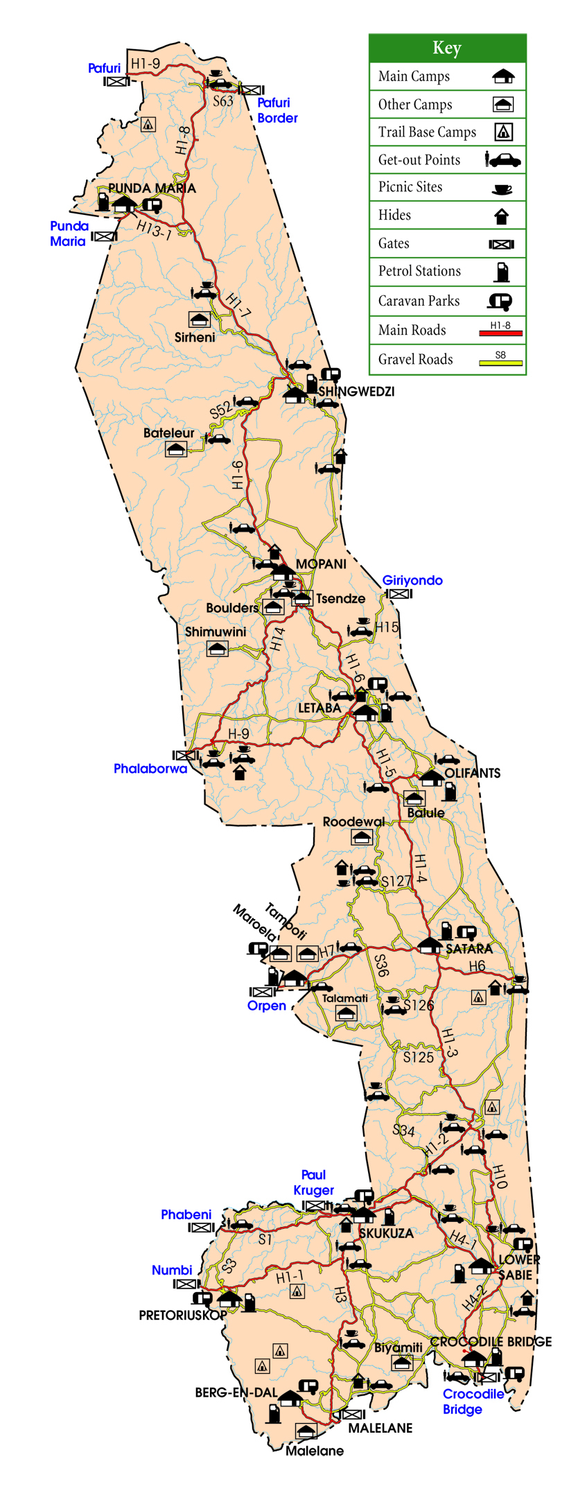 Carte du parc national Kruger en Afrique du Sud