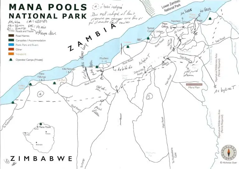 Carte du parc national Mana Pools au Zimbabwe