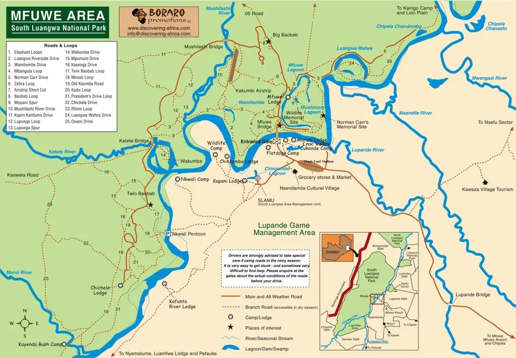 Carte du parc national South Luangwa en Zambie